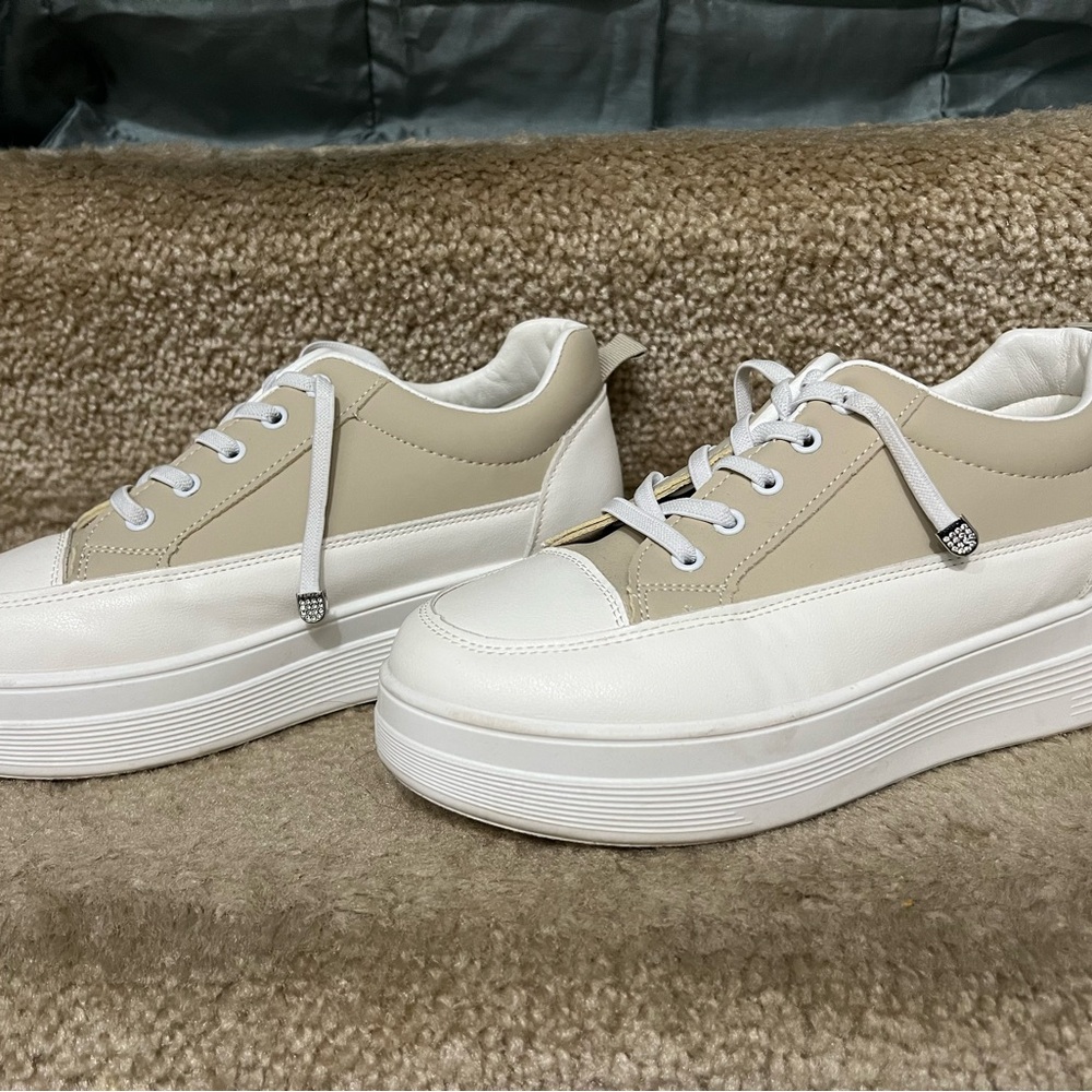 White and Cream Platform Sneakers with Canvas Upper